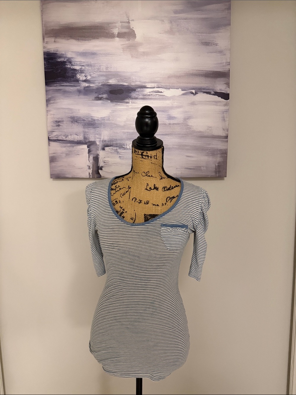 Striped Scoop Neck Women's Top in Light Blue and White, Half-Sleeve